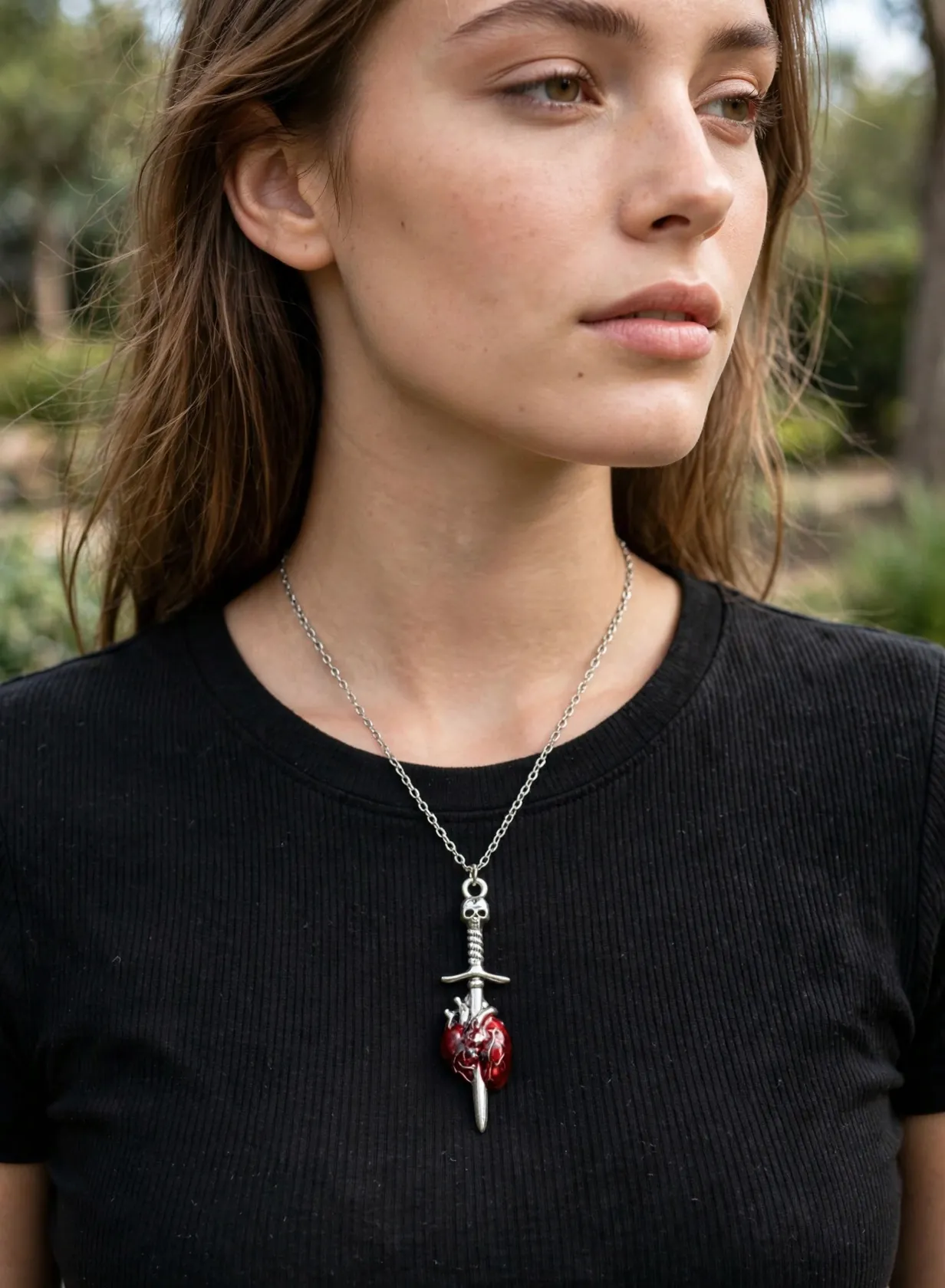 (N153) Stainless Steel and acrylic sword and heart goth necklace