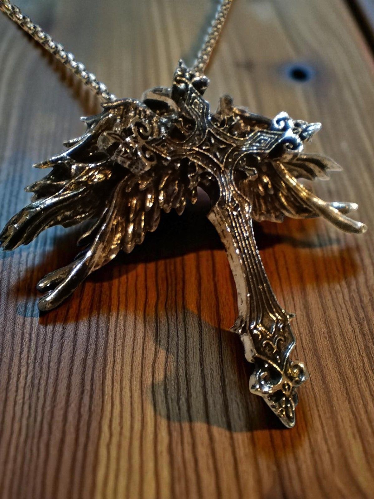 (N69) Goth crucifix with wings stainless steel necklace