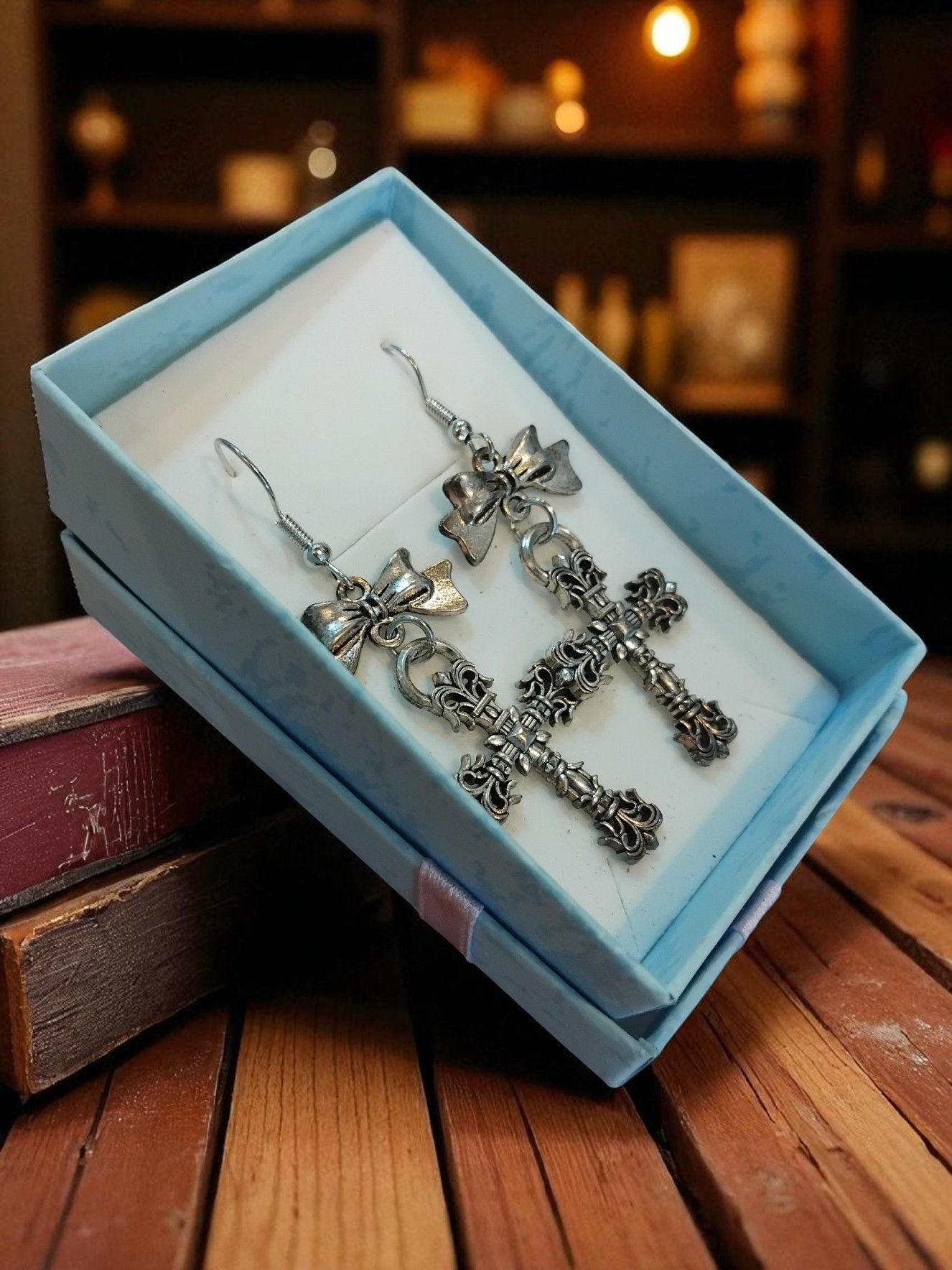 (B-E-5) Goth Bow and crucifix earrings boxed
