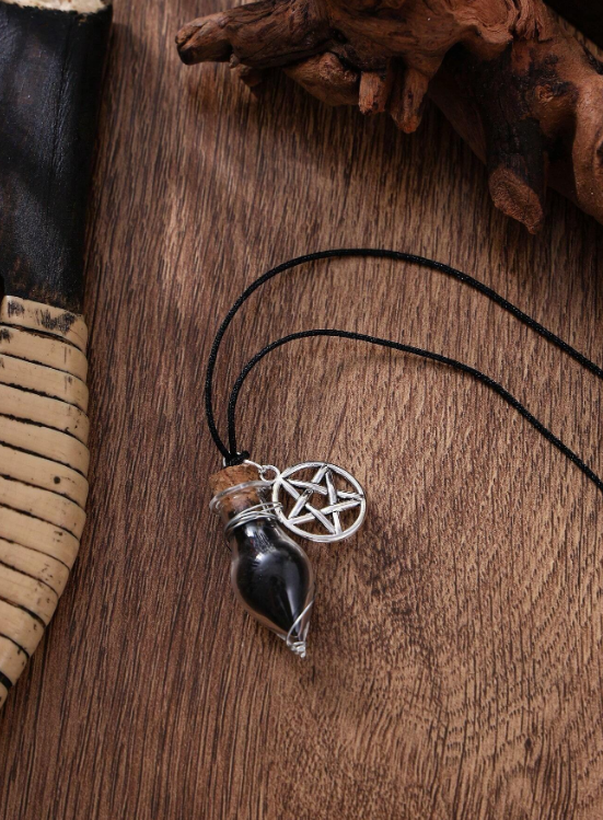 (N24) Goth style Mystical Witch spell jar and pentagram adult / teenager necklace