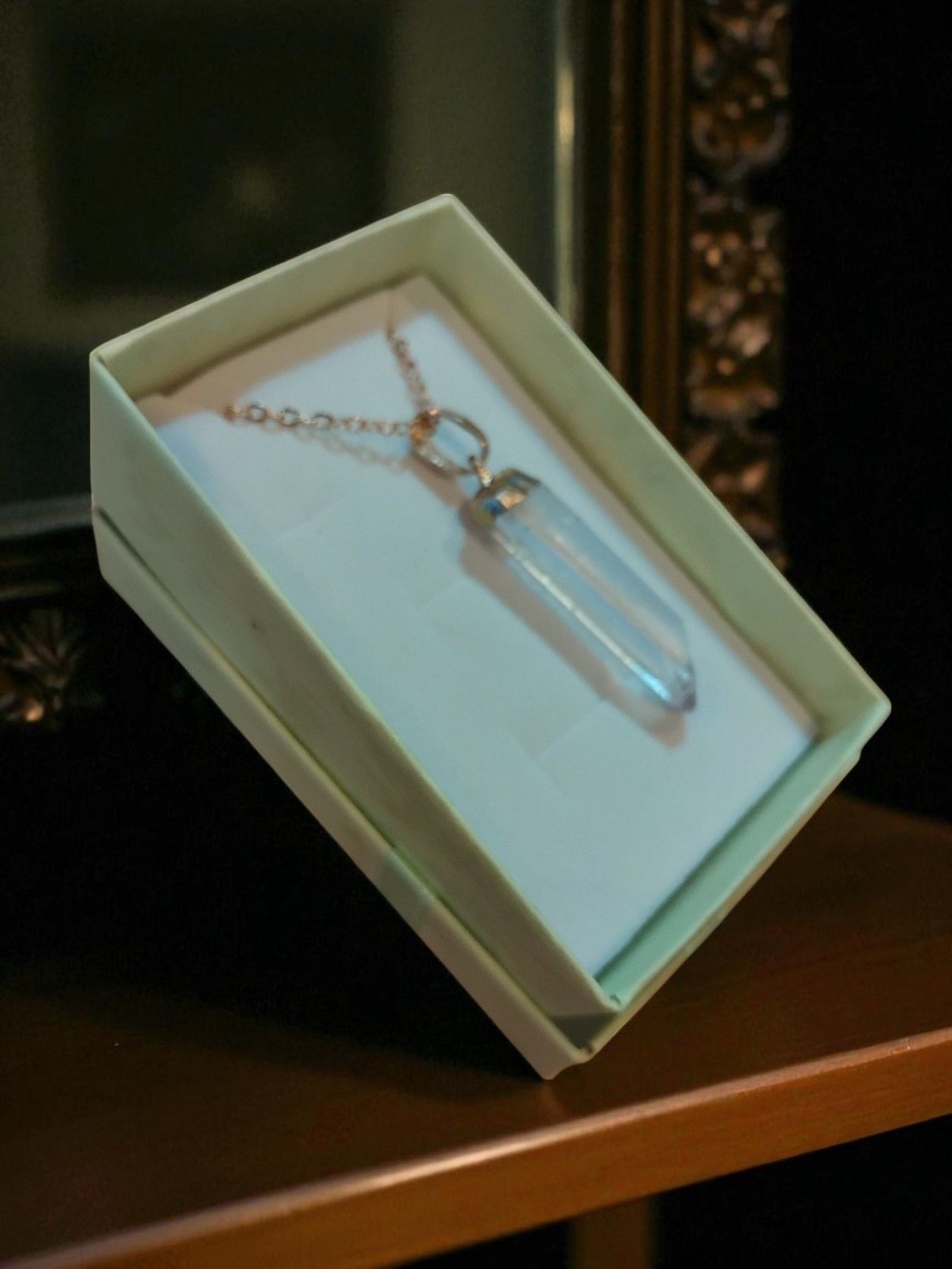(N10) Natural clear quartz crystal pillar Necklace – gold or silver plated chain