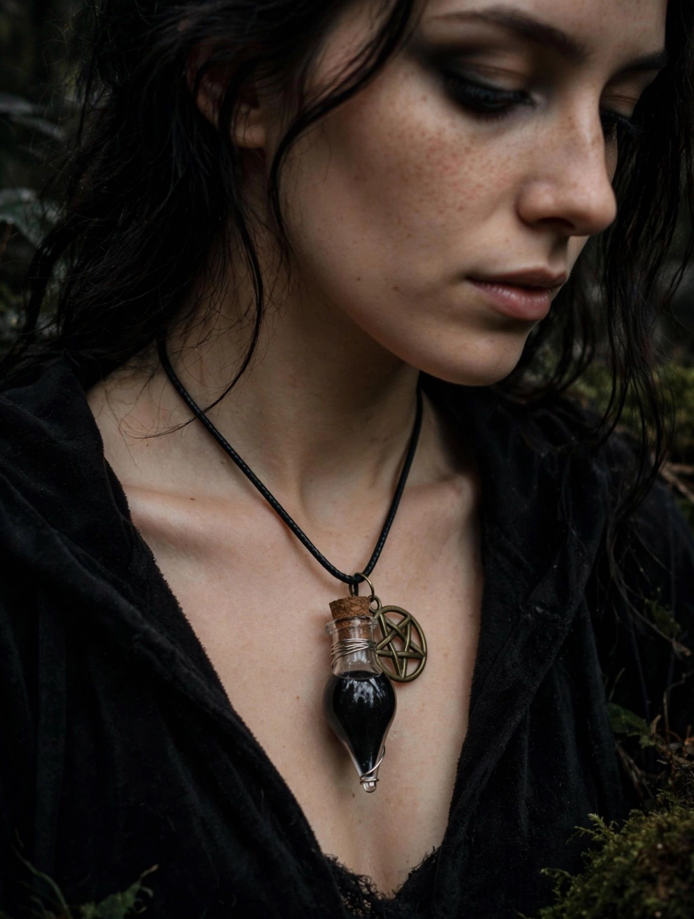 (N24) Goth style Mystical Witch spell jar and pentagram adult / teenager necklace