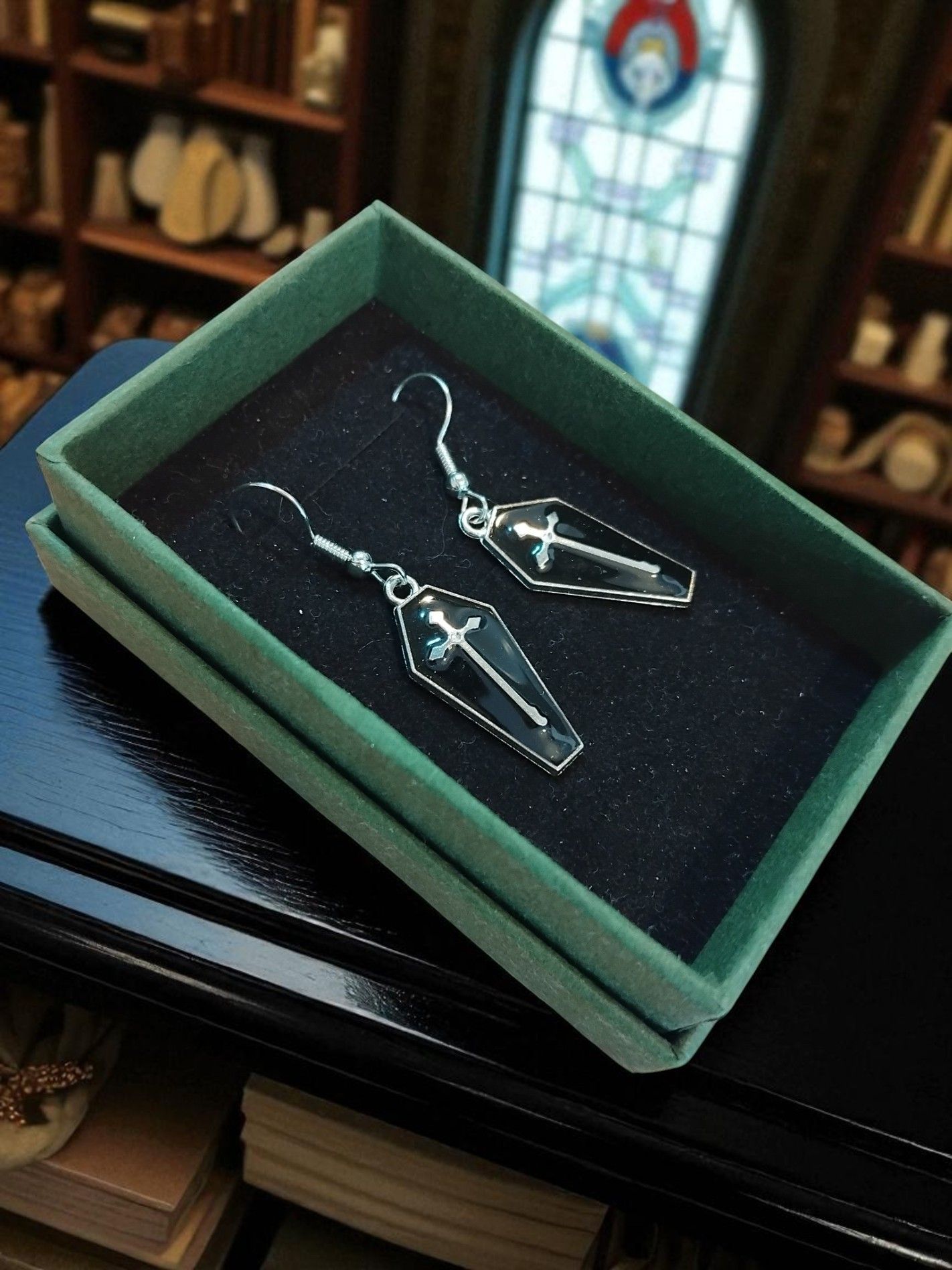 (B-E-3) Goth coffin earrings boxed