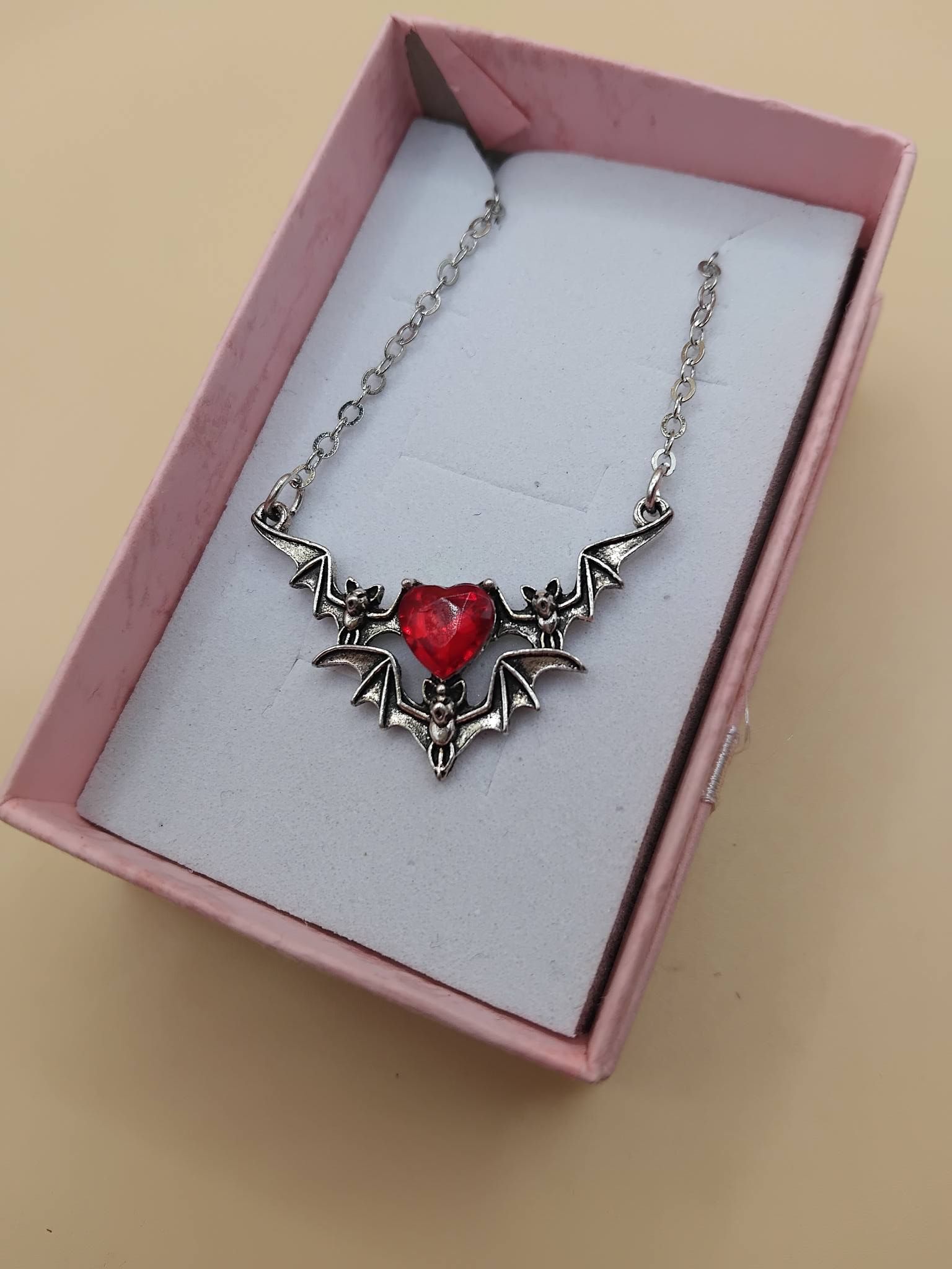 (N53) Bats and hearts and heart design 3 rhinestone pendant necklace