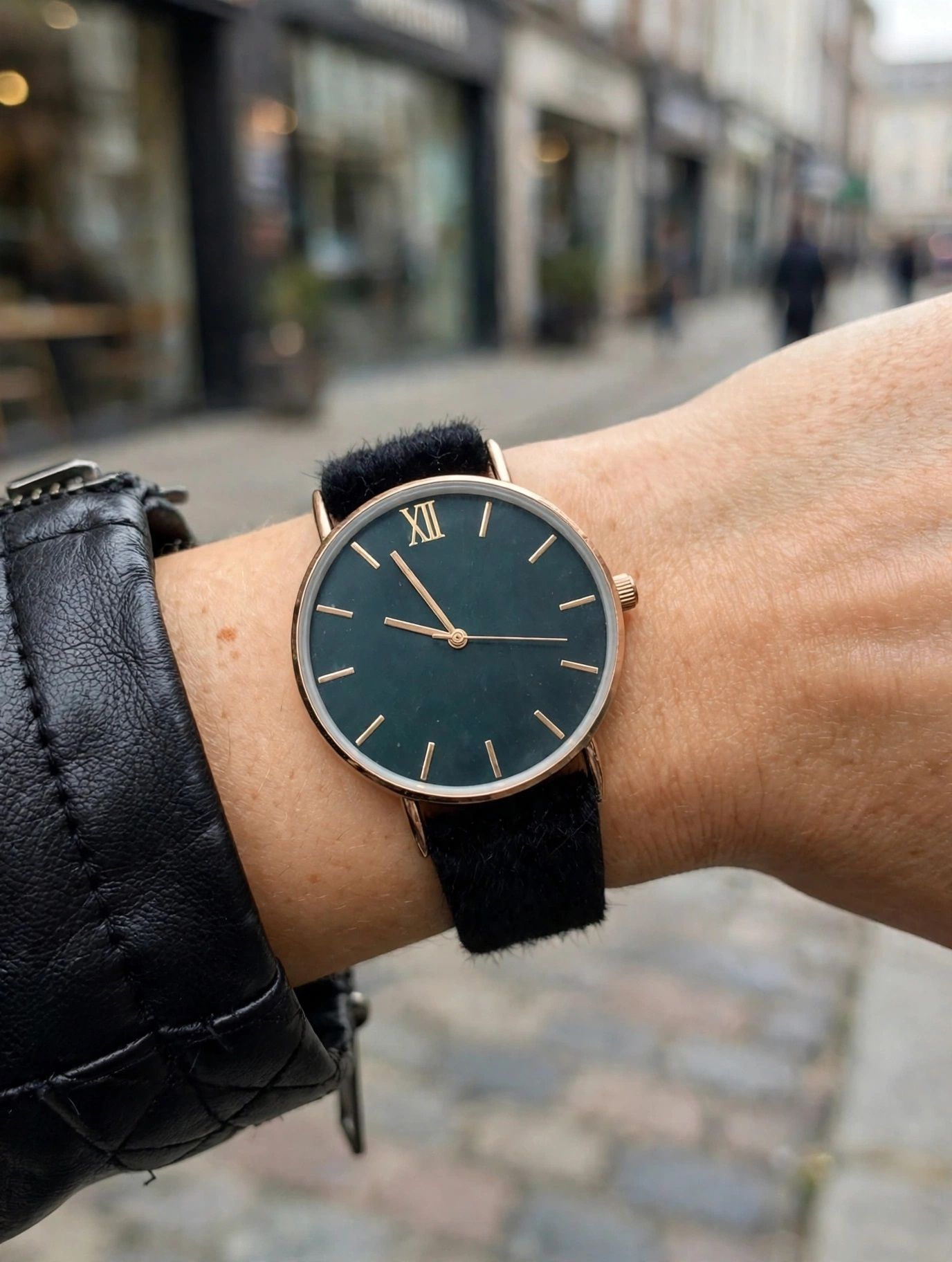 (MW14) Topman boxed black velour over leather strap watch