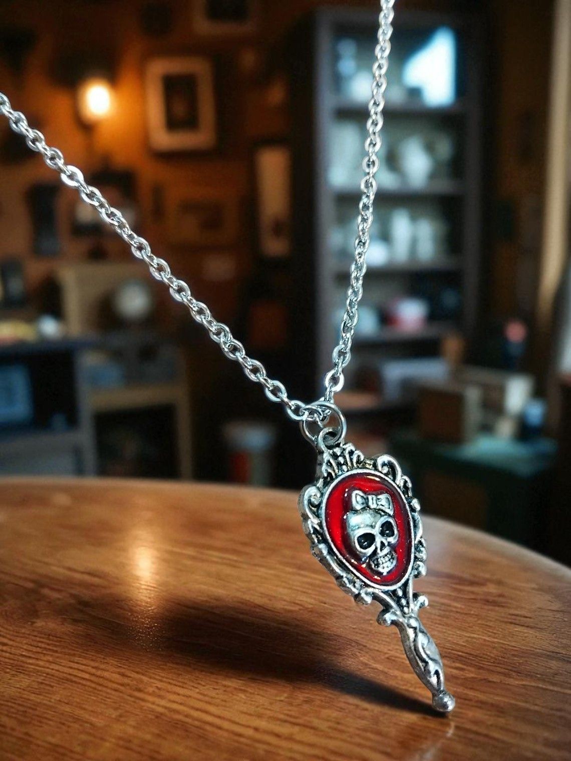 (B-N-1) Goth style skull on mirror pendant necklace
