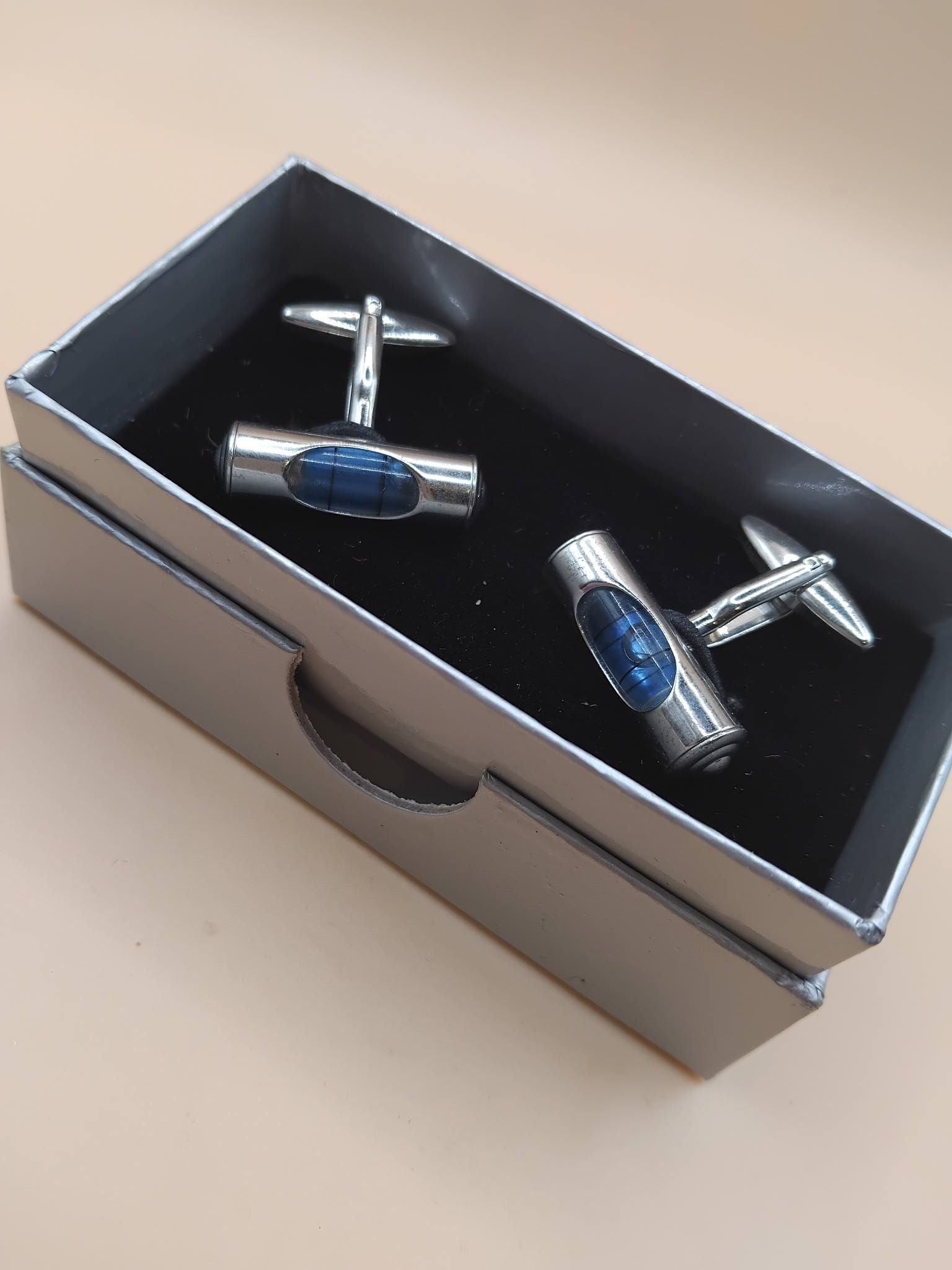 (Cf4) pair of blue liquid spirit level cufflinks