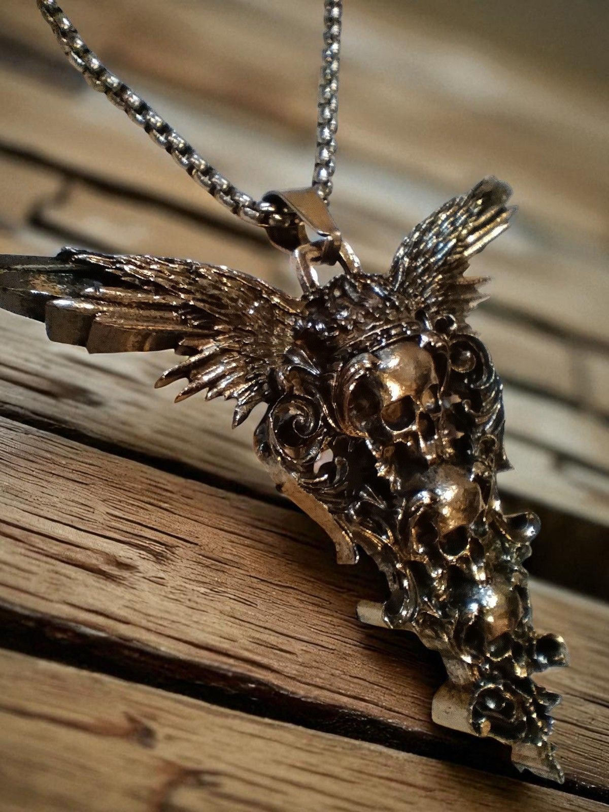 (N68) Goth Skulls with wings stainless steel necklace
