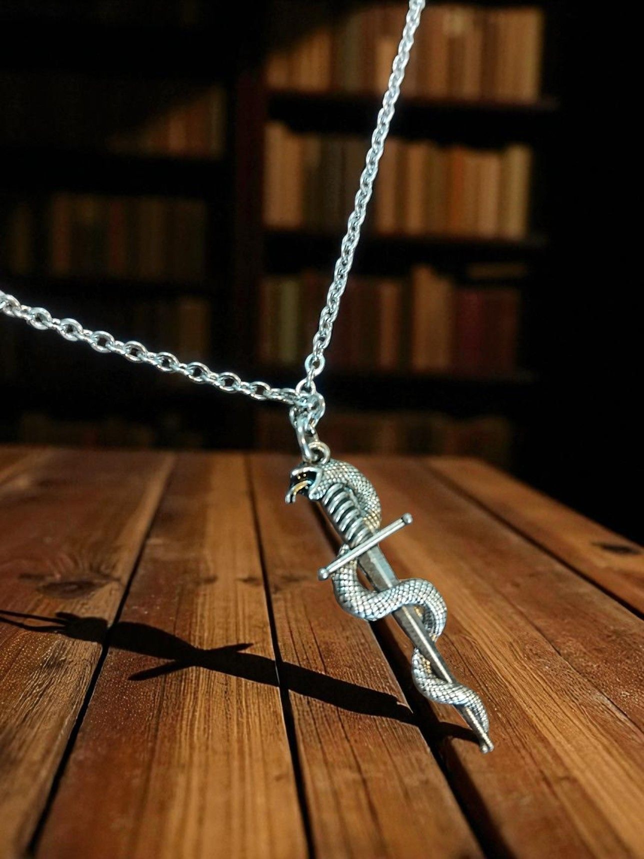 (B-N-6) Snake encircling sword pendant necklace
