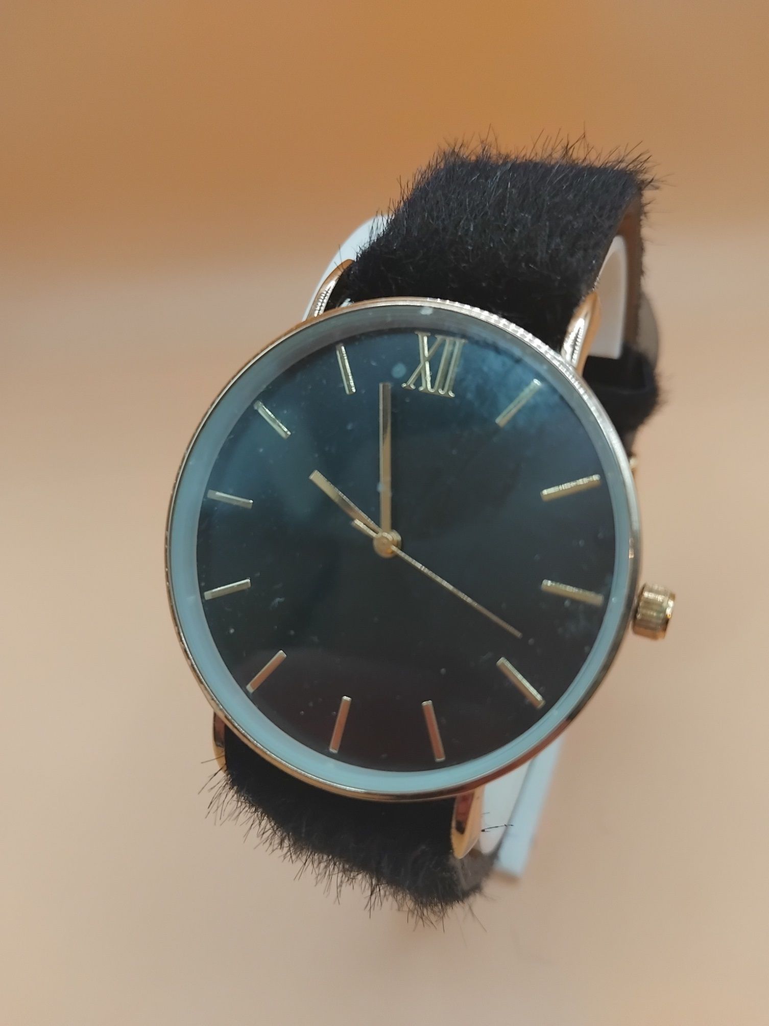 (MW14) Topman boxed black velour over leather strap watch