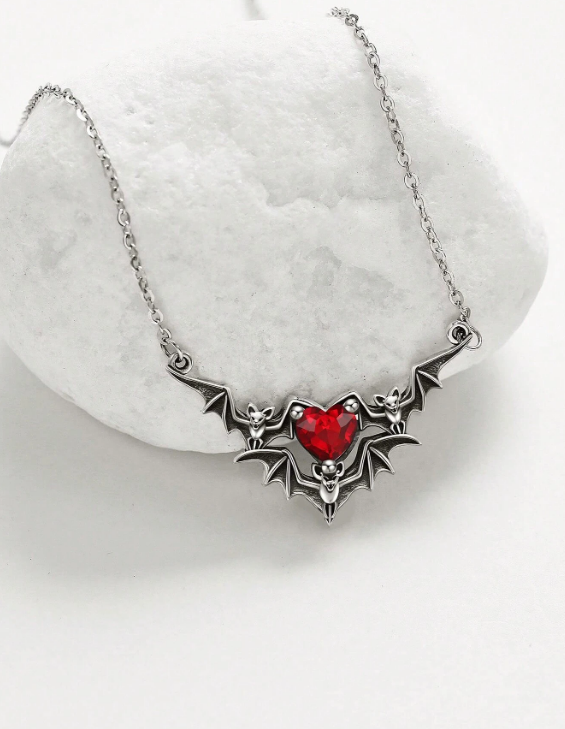 (N53) Bats and hearts and heart design 3 rhinestone pendant necklace