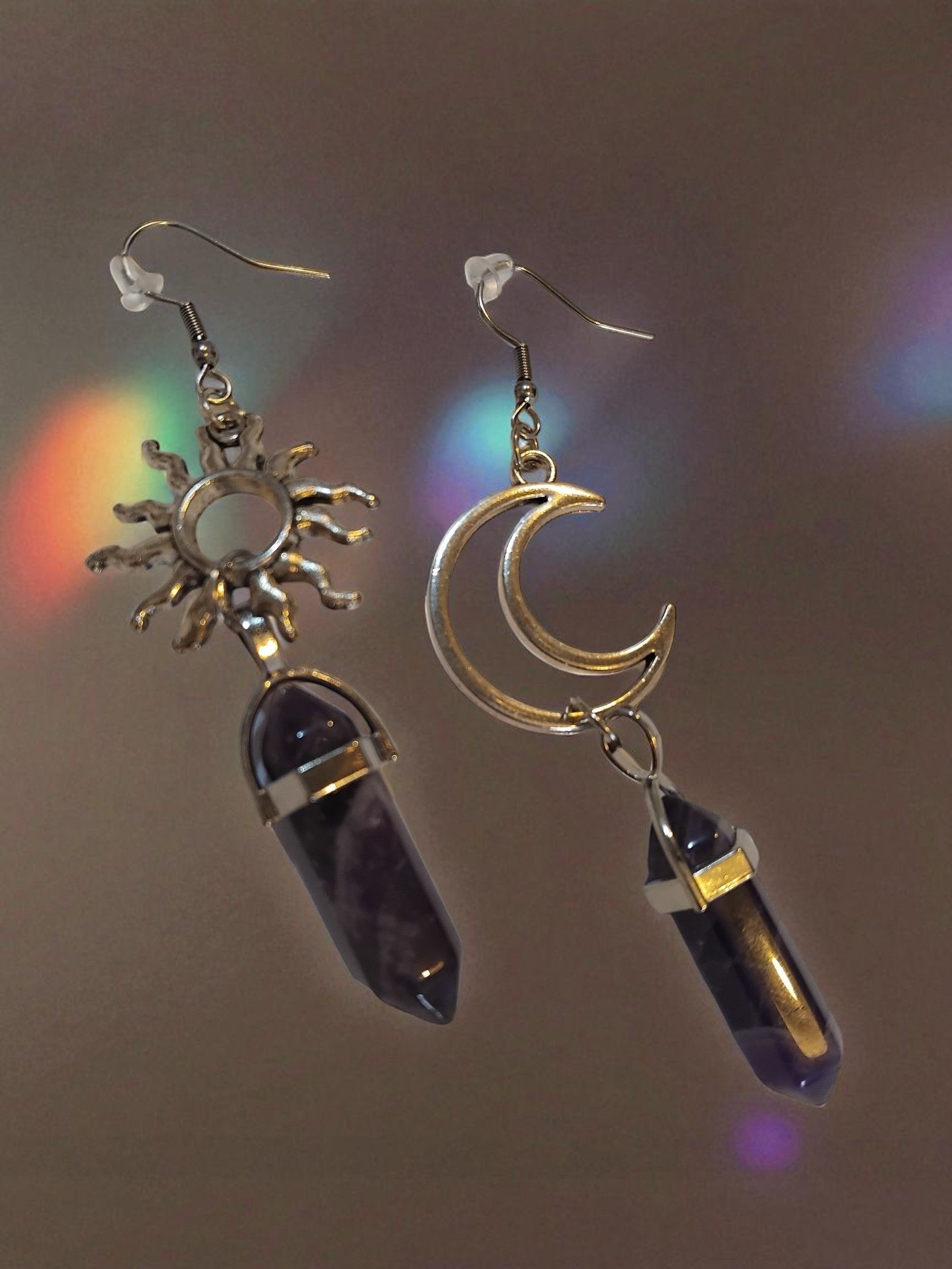 (E6) Pair of sun moon amethyst precious stone Earrings