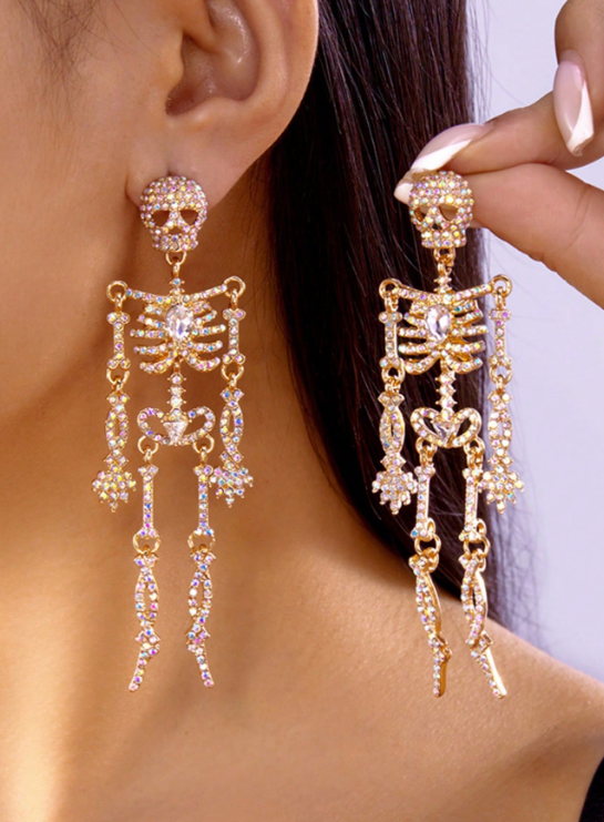(E65) Ladies / teenagers Goth rhinestone skeleton earrings