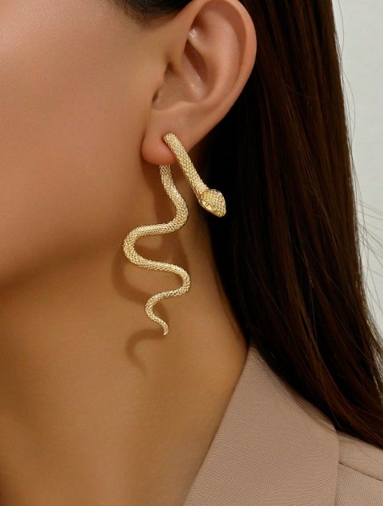 (E100) 1 Pair Gold Patterned Snake Design Earrings, Vintage Punk Style