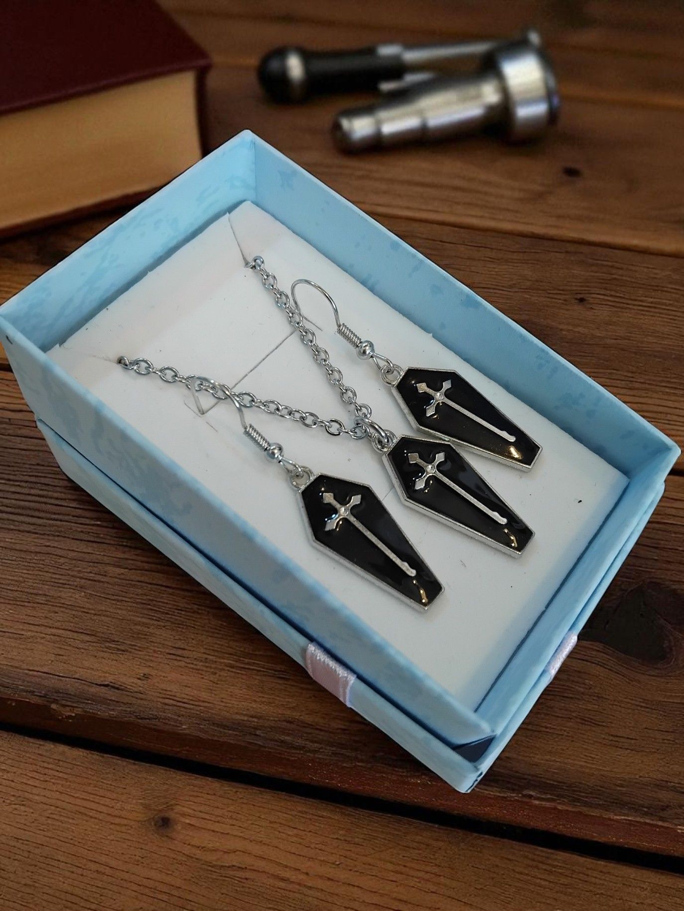 (N55) Matching goth style coffin necklace with earrings