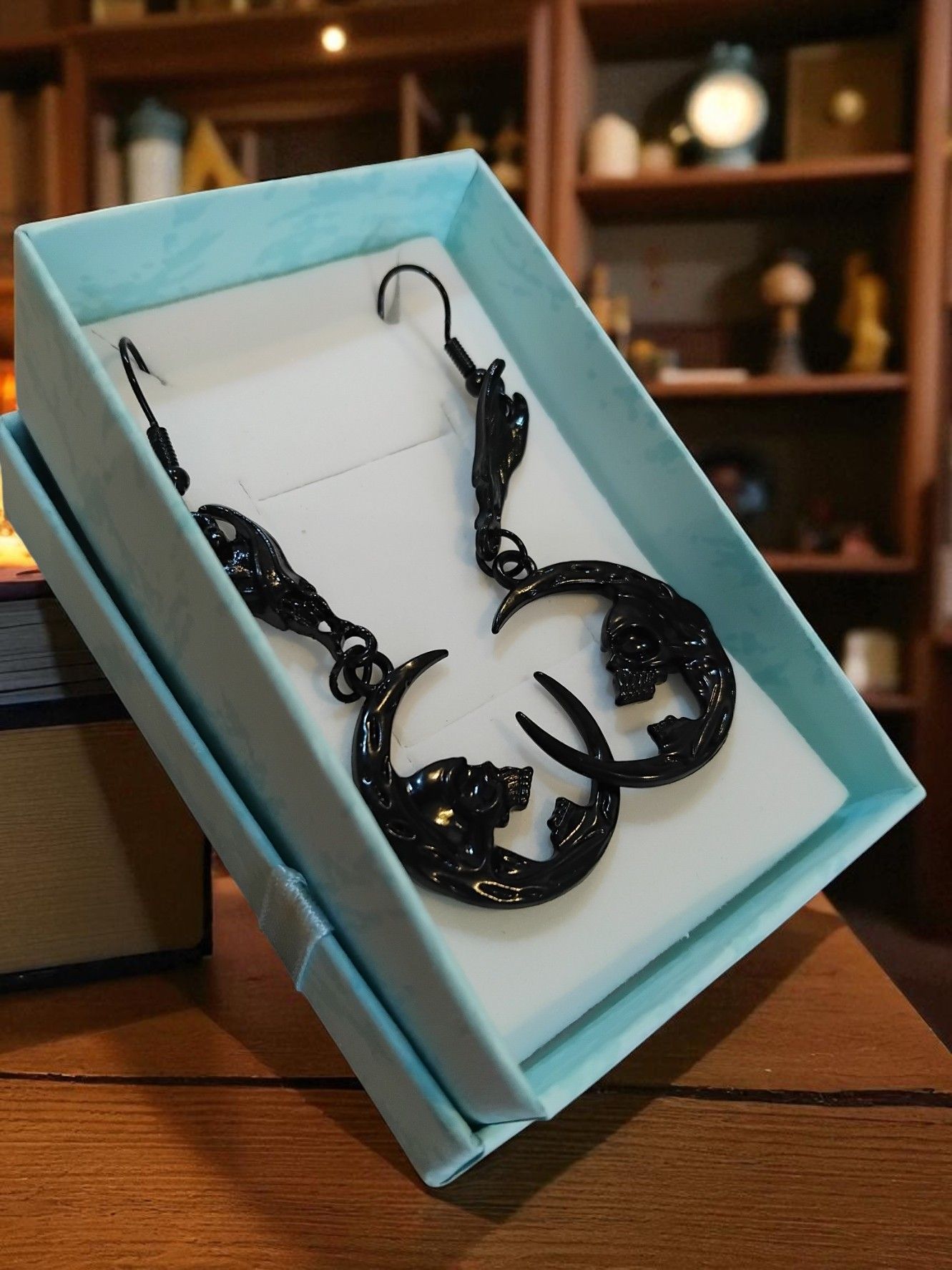 (B-E-1) Goth black or silver coloured skull and new moon earrings boxed