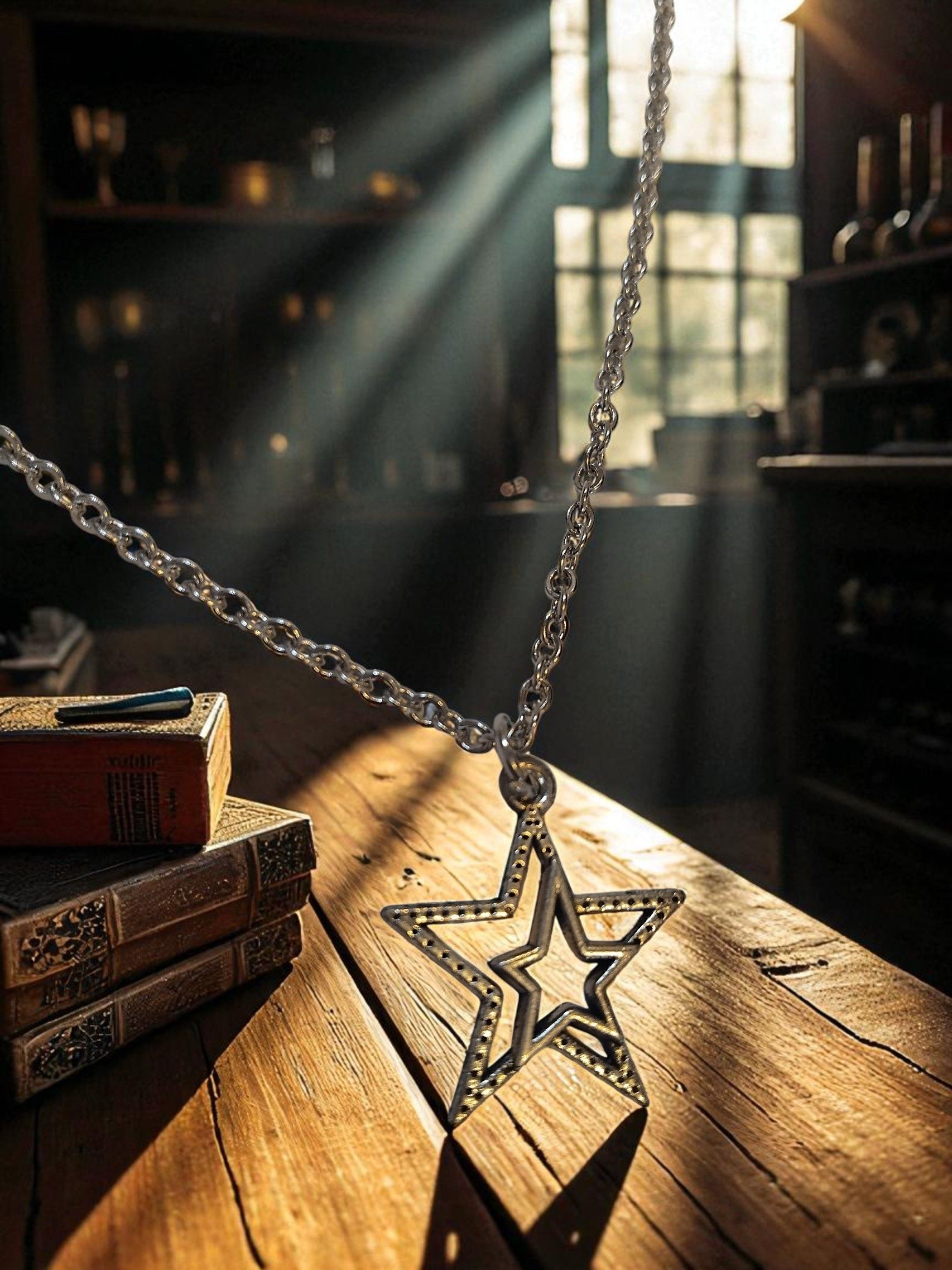 (B-N-12) Goth mystical double star pendant necklace