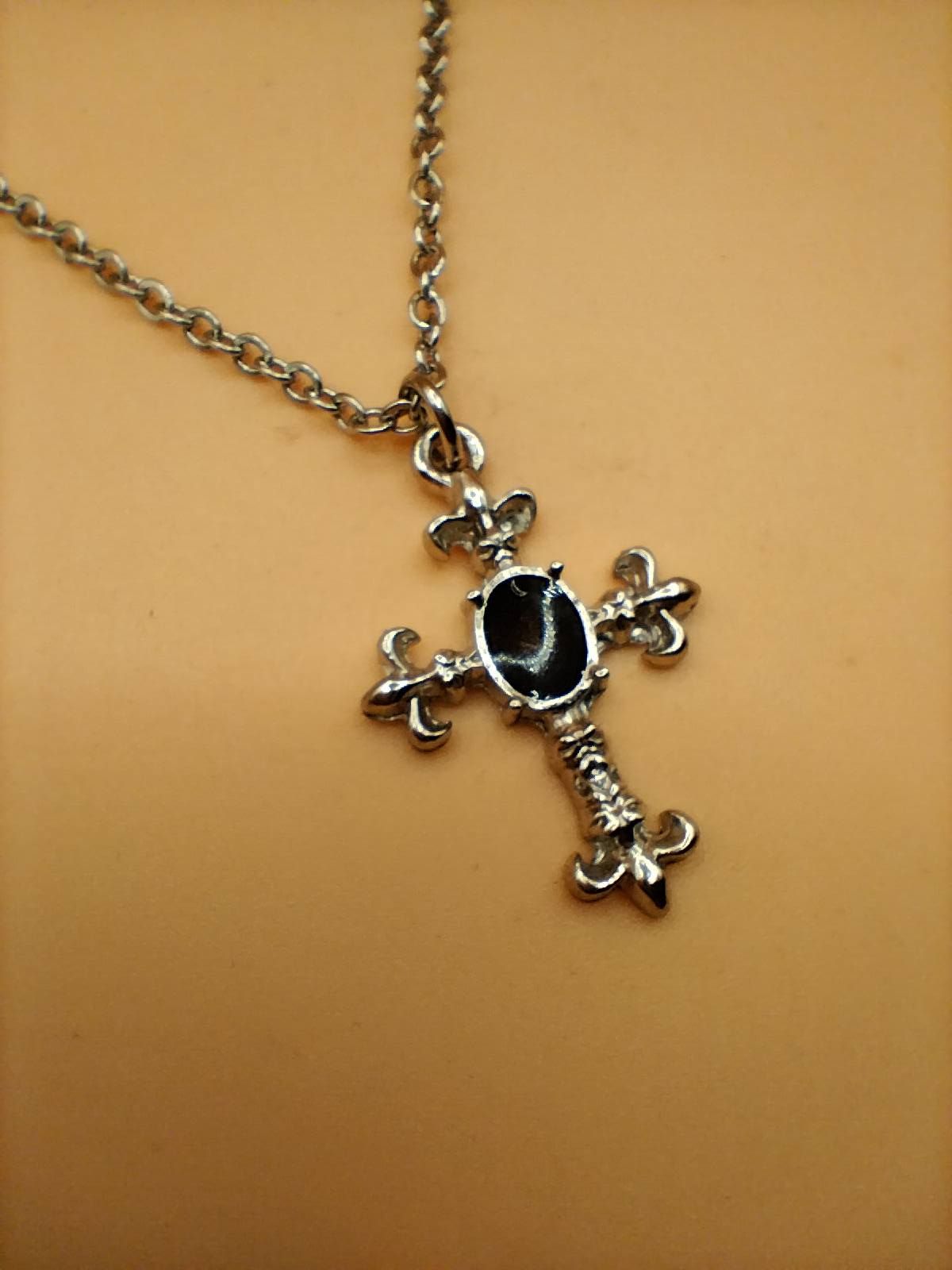 (BN4) Goth black and silver small crucifix pendant necklace