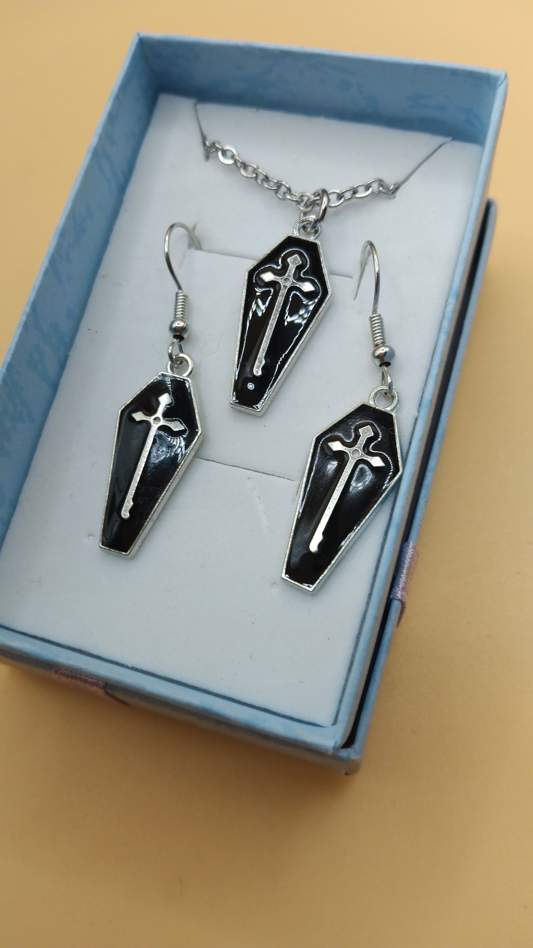 (N55) Matching goth style coffin necklace with earrings