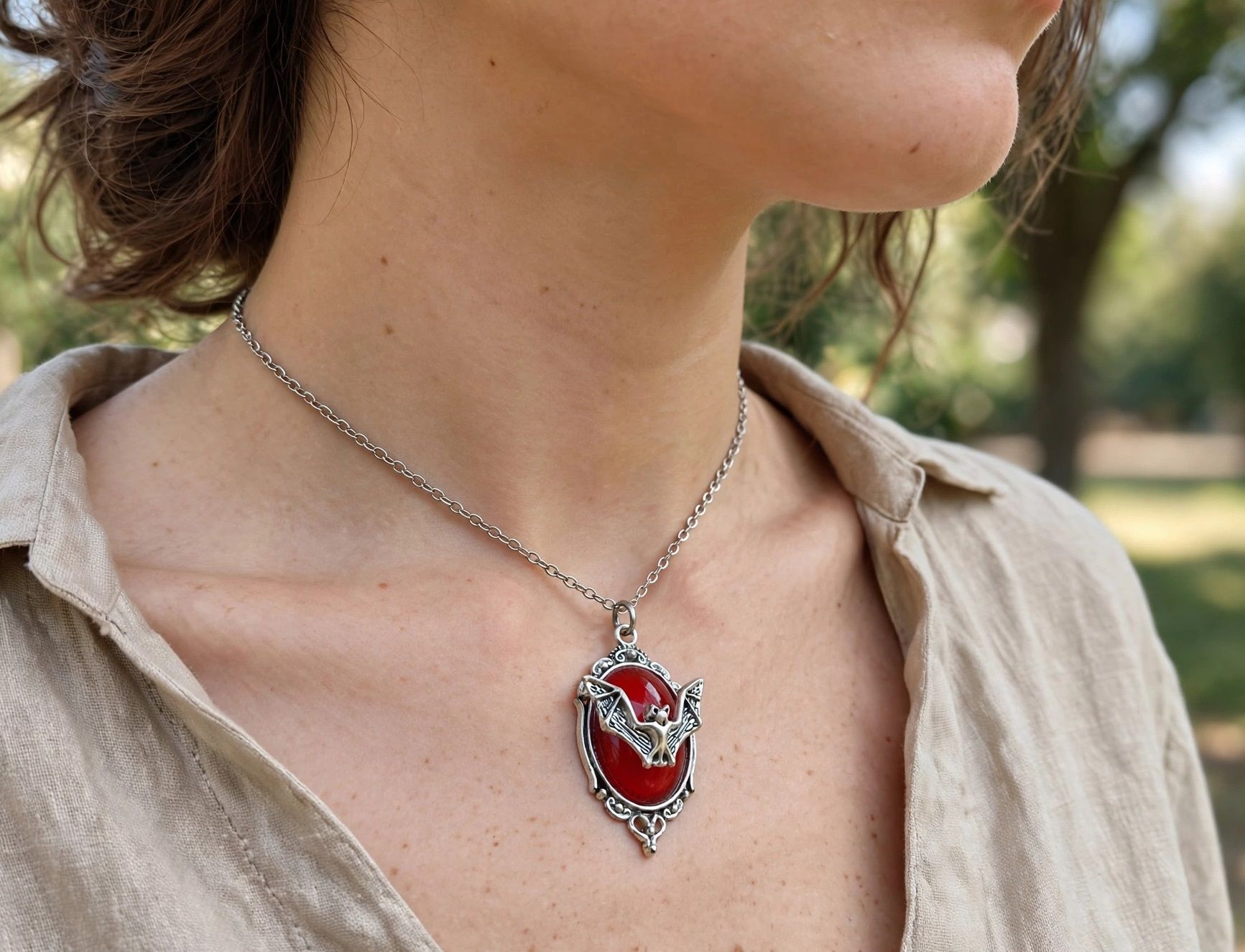 (N152) Stainless Steel and acrylic bat goth themed pendant necklace