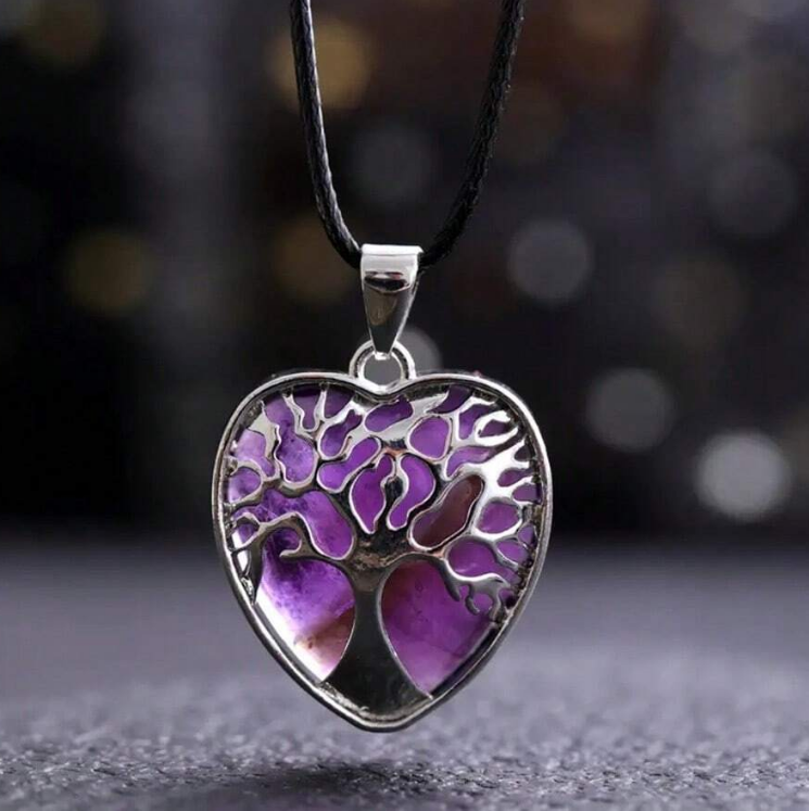 (N44) Natural tree of life amethyst heavy heart shaped pendant necklace