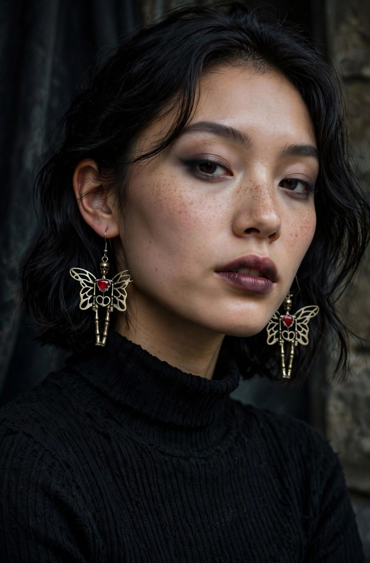 (E7) Winged skeleton with rhinestone heart boxed Earrings