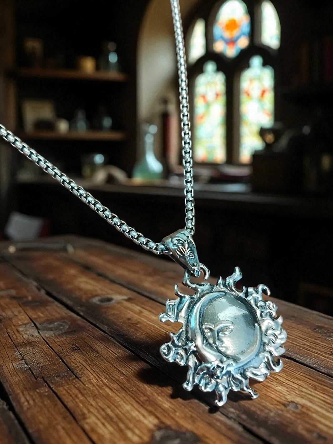 (B-N-5) Goth Solstice moon in sun necklace