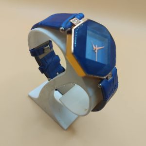 (BW1) Unisex blue patterned leather watch with rhinestone