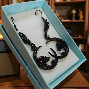 (B-E-1) Goth black or silver coloured skull and new moon earrings boxed