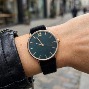 (MW14) Topman boxed black velour over leather strap watch