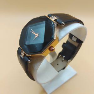(BW2) Unisex black patterned leather watch with rhinestone