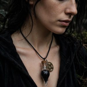 (N24) Goth style Mystical Witch spell jar and pentagram adult / teenager necklace