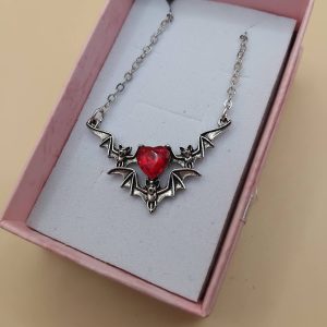 (N53) Bats and hearts and heart design 3 rhinestone pendant necklace