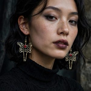 (E7) Winged skeleton with rhinestone heart boxed Earrings