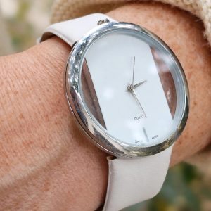 (LW71) Ladies quartz thick white leather strap watch