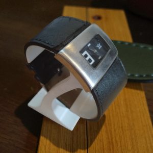 (LW76) Softech of London wide black leather strap watch