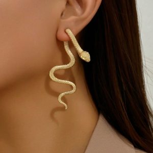 (E100) 1 Pair Gold Patterned Snake Design Earrings, Vintage Punk Style