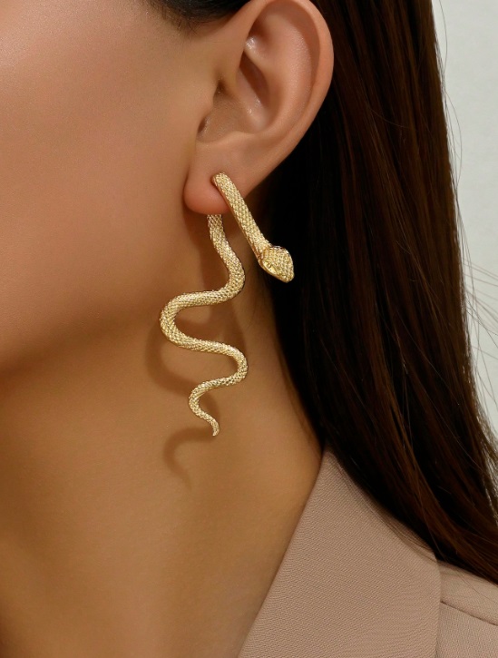 (E100) 1 Pair Gold Patterned Snake Design Earrings, Vintage Punk Style