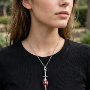 (N153) Stainless Steel and acrylic sword and heart goth necklace
