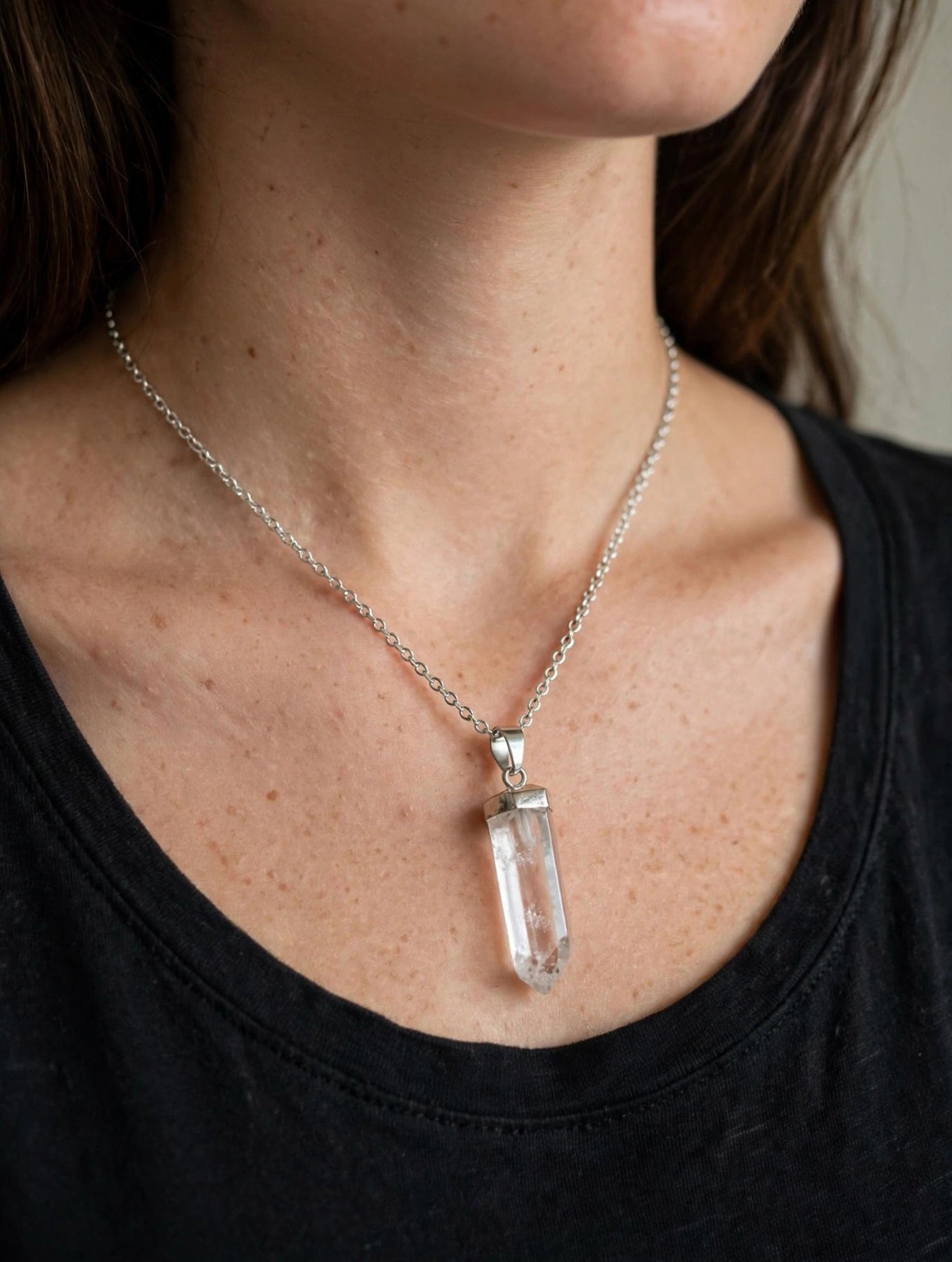 (N3) Natural clear quartz crystal pillar Necklace - gold or silver plated chain